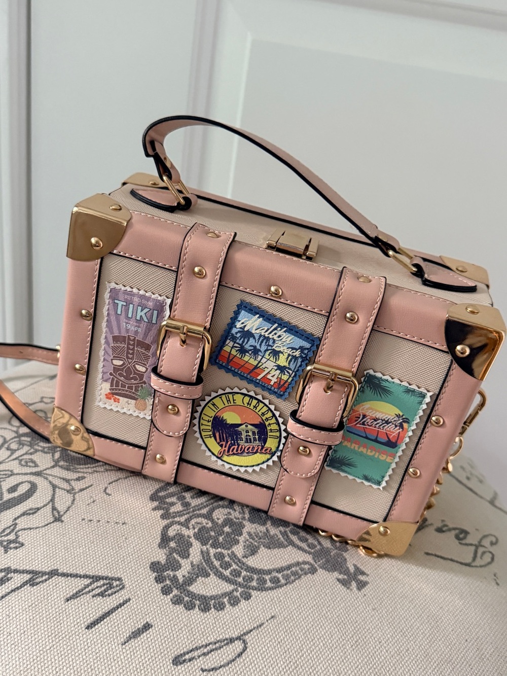 ALDO Structured Pink Mini Trunk Bag with Decorative Travel Panels - Picture 6 of 8